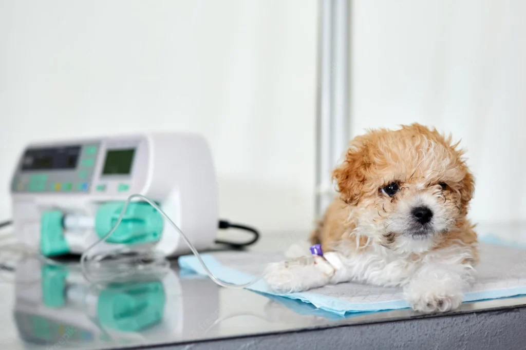 A small puppy receiving intravenous fluids on a treatment table during hospitalisation