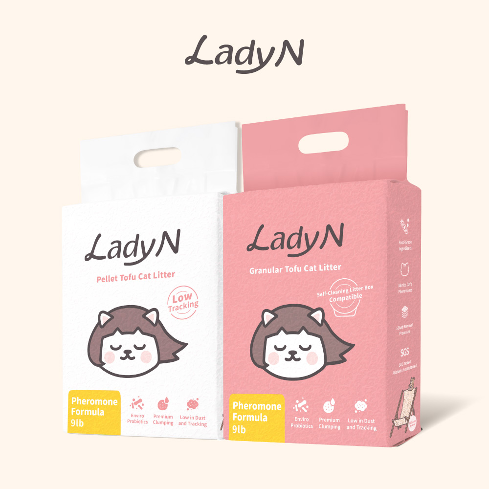 Lady N pheromone tofu cat litter, pellet and granular, 9lb packs